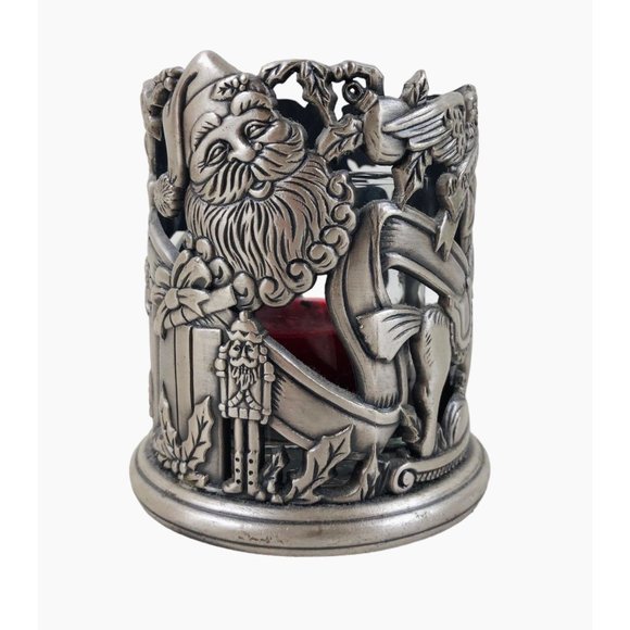 Vintage Peace On Earth Candle Votive Holder Pewter Christmas Holiday Santa - Picture 4 of 10